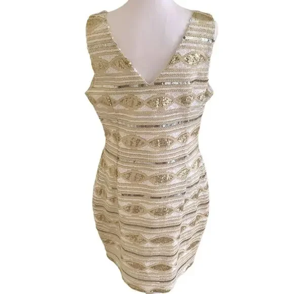Adore Women's XL Dress Beige Gold White Silver Sequin Sleeveless NWT - Picture 3 of 13